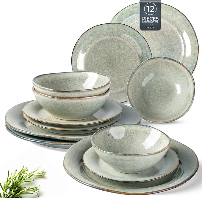 AmorArc Ceramic Dinnerware Sets, Handmade Stoneware Reactive Glaze Plates and Bowls Set, Scratch Resistant | Dishwasher & Microwave Safe Dishes Set, Service for 4 (12pc)-Ruum Studio Home