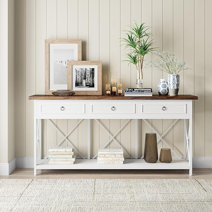 Tribesigns 70.8" Console Table with 3 Drawers, Farmhouse Entryway Table with Storage Shelf, Narrow Long Sofa Foyer Table for Entryway, Hallway (White/Brown)-Ruum Studio Home