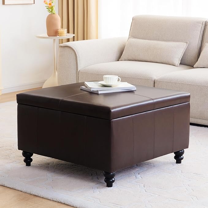 HUIMO Square Leather Storage Ottoman,Ottoman Coffee Table with Storage for Living Room (Brown)-Ruum Studio Home