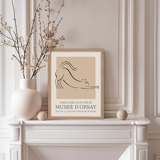 Poster Master Vintage Poster - Retro Minimalist Print - Gift for Artist, Housewarming - Cat, Line Drawing, Sketch, Abstract - Wall Decor for Living Room, Bedroom, 11x14 Beige Framed-Ruum Studio Home