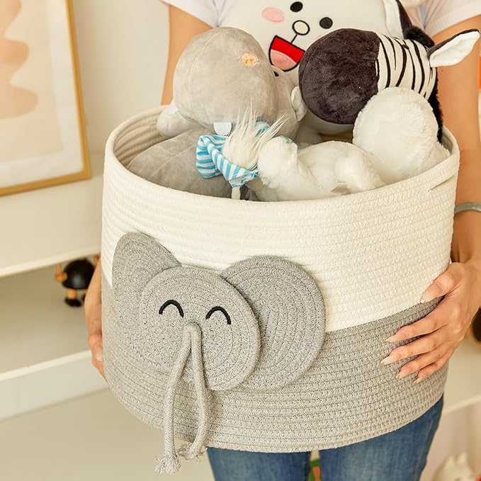 Large Baby Cute Storage Basket for Organizing -Elephant White & Grey 15""x15""x11"", 2024282319065-Ruum Studio Home