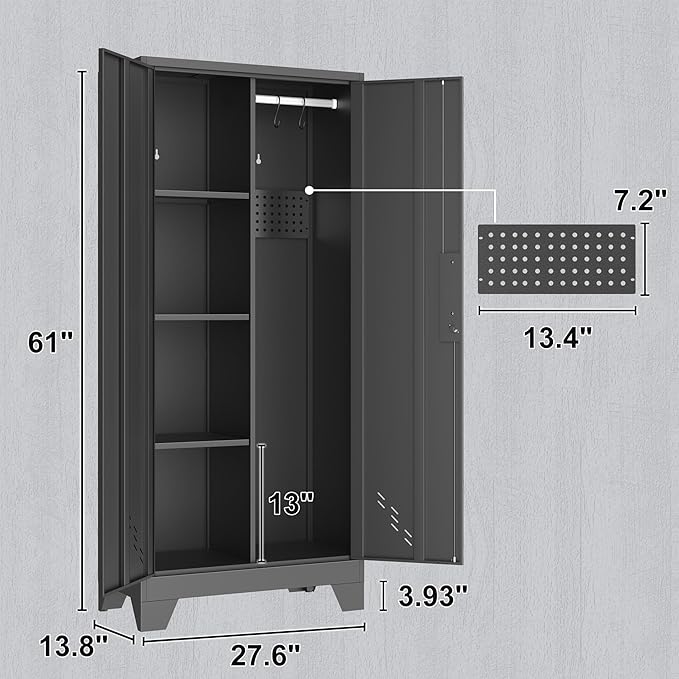 Metal Storage Cabinet with Locking Doors, 61" Tall Garage with Hanging Rod, Broom Closet, Freestanding Bathroom Storage Cabinet, Cleaning Tool,Black-Ruum Studio Home