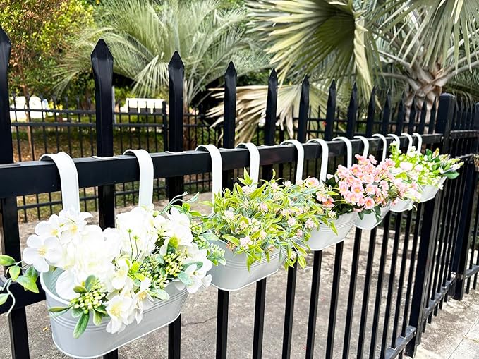 10" Hanging Flower Pots, Pack of 4 White Metal Outdoor Patio Balcony Planter, Railing Planters Fence Pot with Detachable Hook & Drainage Hole for Small Plants (White, 4Pcs)-Ruum Studio Home