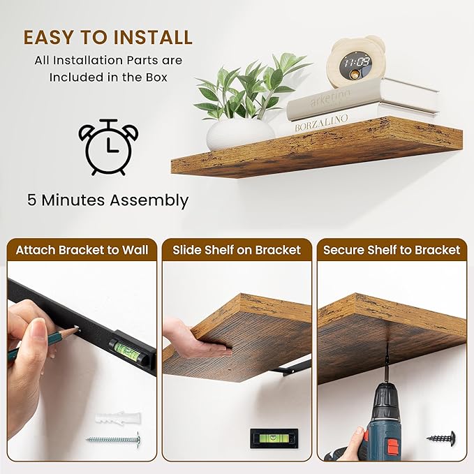 36 Inch Floating Shelves, 9.3 Inch Deep Rustic Wall Shelves - Extra Deeper Wall Mounted Storage Shelves for Bathroom, Kitchen, Living Room (Brown, Set of 2)-Ruum Studio Home