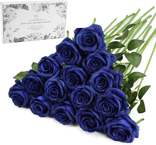 Blue Fake Roses Artificial Flowers - 16 Pcs Fake Artificial Roses Silk Flowers with Stems for Home Wedding Hotel Office Centerpiece Decor（Navy Blue）-Ruum Studio Home