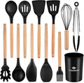 Silicone Cooking Utensils Set, Premium Beech Wood Handle Kitchen Gadgets Utensil Set, Non-Stick Kitchen Utensils Spatula, Tongs, Turner, Whisk, Brush, Spoon, BPA FREE, 446°F Resistant (Black)-Ruum Studio Home