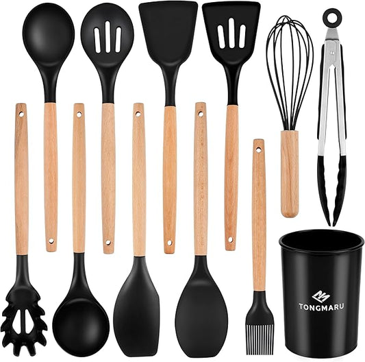 Silicone Cooking Utensils Set, Premium Beech Wood Handle Kitchen Gadgets Utensil Set, Non-Stick Kitchen Utensils Spatula, Tongs, Turner, Whisk, Brush, Spoon, BPA FREE, 446°F Resistant (Black)-Ruum Studio Home
