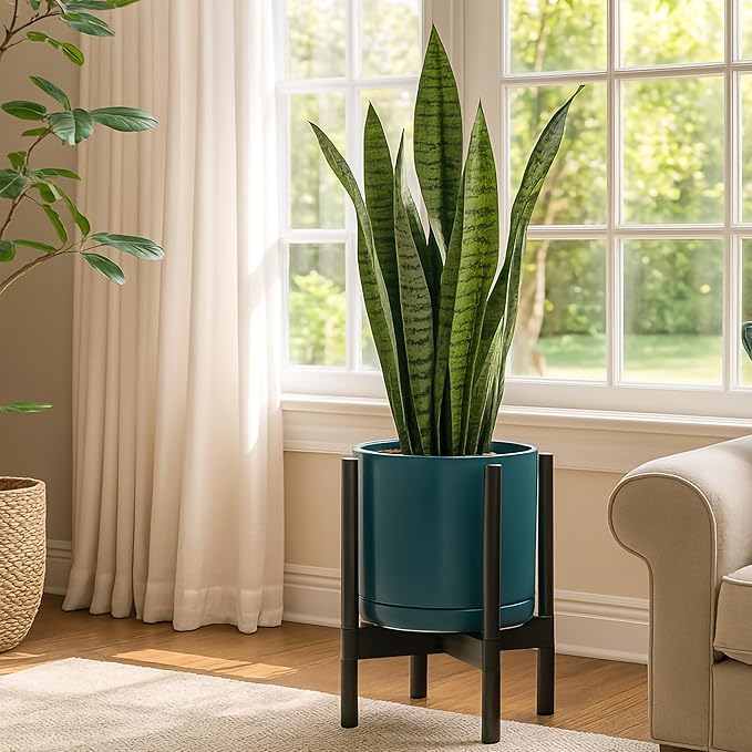 D'vine Dev Ceramic Planter with Ebony Stand - 12 Inch Modern Round Flower Pot with Wood Planter Holder, Teal, 55-B-H-4-Ruum Studio Home