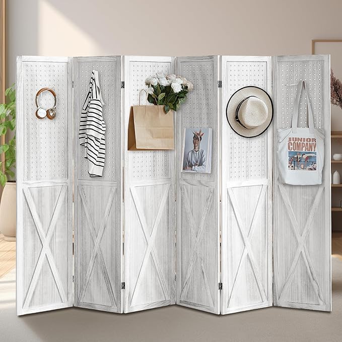 6 Panel Pegboard Room Divider, 5.6Ft Pegboard Display Folding Privacy Screens, Wood Room Divider Peg Board Display Freestanding for Trade Show Craft Show Home Wall Organizer, Retro White-Ruum Studio Home