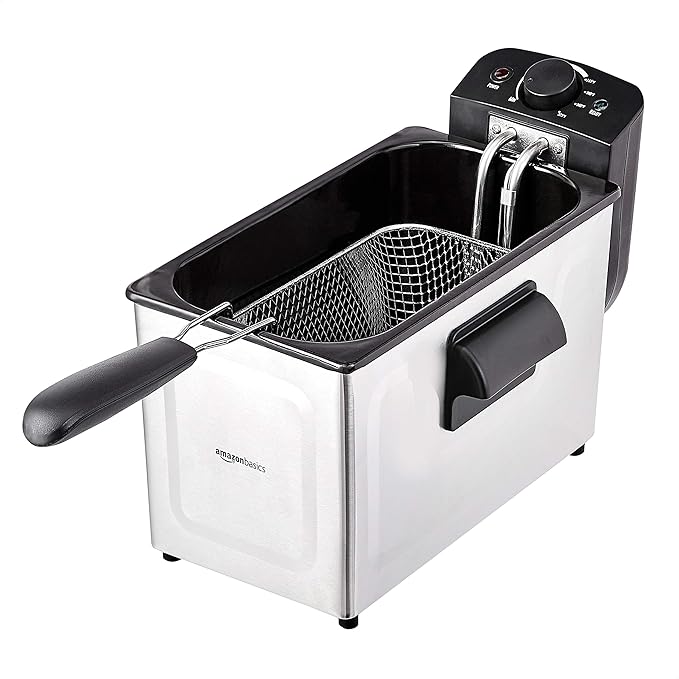 Amazon Basics 3.2-Qt (3.0L) Deep Fryer with 12-Cup Oil Capacity, Adjustable Temperature, Easy Draining Basket, Stainless Steel Exterior, Viewing Window, 1500W, Black & Silver-Ruum Studio Home