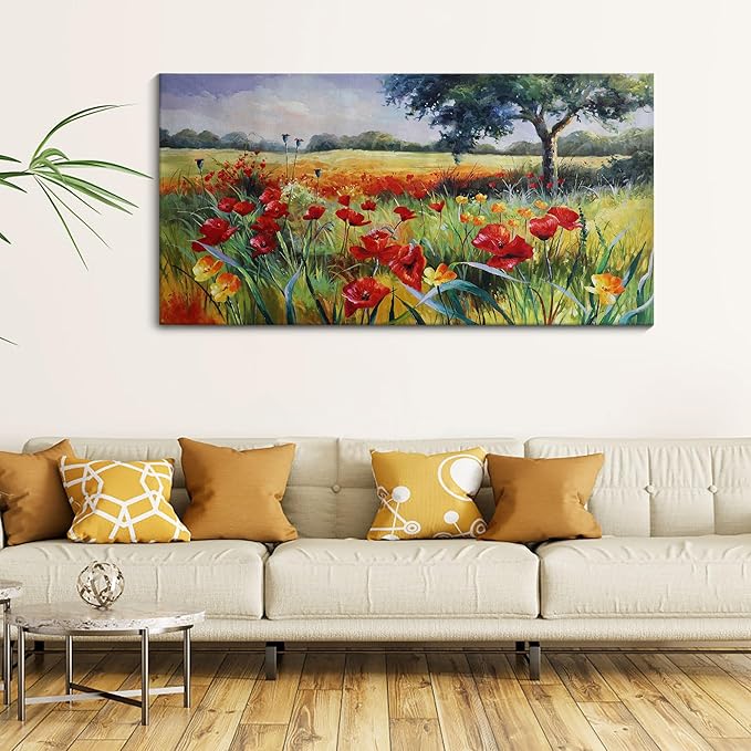 Wall Decor for Living Room Large Wall Art Green Trees Red Yellow Flowers Canvas Art Wall Decor for Bedroom Modern Home Decor Framed, Nature Prints Artwork Wall Decorations 24x48-Ruum Studio Home