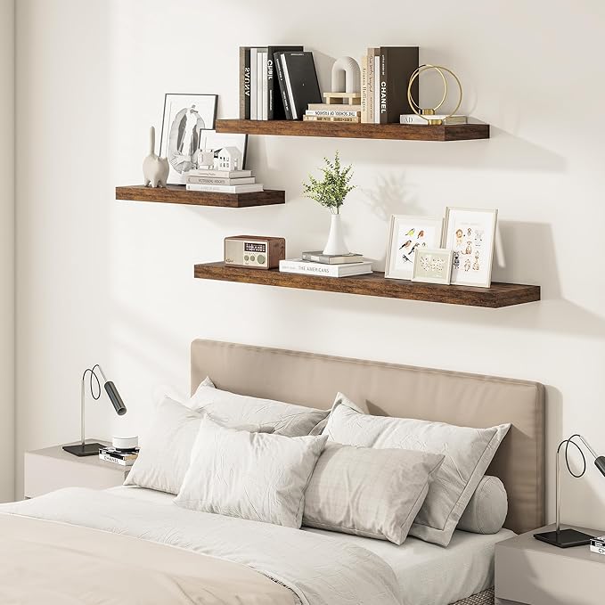 12" Deep Floating Shelves for Wall 55 Inches Long, Heavy Duty Wall Shelves for Bedroom Bathroom Kitchen Laundry Room, Farmhouse Rustic Shelves for Home Decor, 55" X 12" X 2" Set Of 2, Rustic Brown-Ruum Studio Home