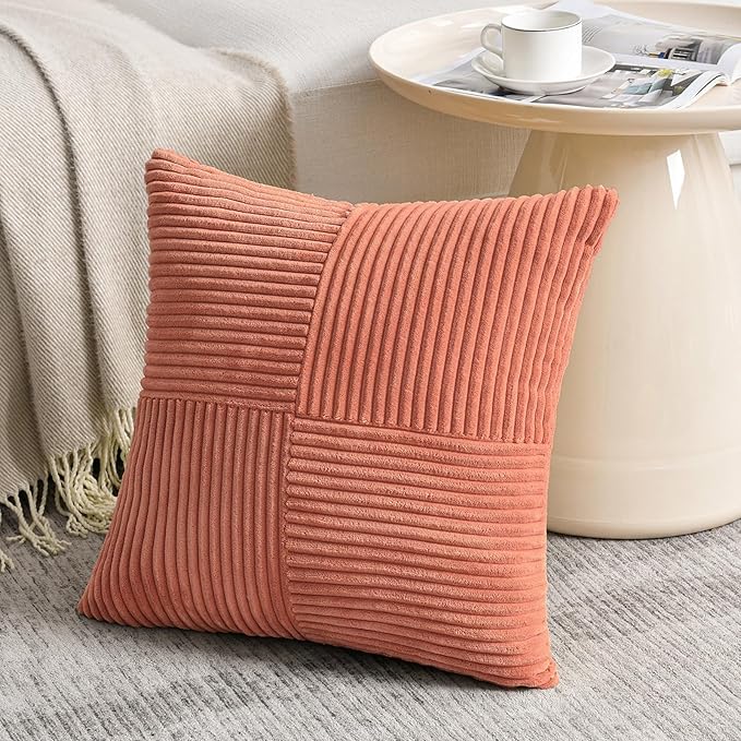 Fancy Homi 2 Packs Coral Decorative Throw Pillow Covers 18x18 Inch for Living Room Couch Bed, Rustic Farmhouse Boho Home Decor, Soft Corss Corduroy Patchwork Textured Peach Cushion Case 45x45 cm-Ruum Studio Home