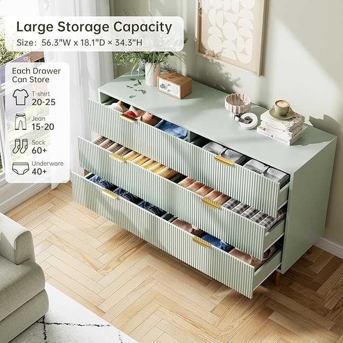GAOMON 6 Drawer Dresser, Wood Chest of Drawers Organizer Storage with Gold Handle, Large Storage Cabinet, Modern Design Dresser for Bedroom, Living Room, Closet, Hallway, Entryway, Green-Ruum Studio Home
