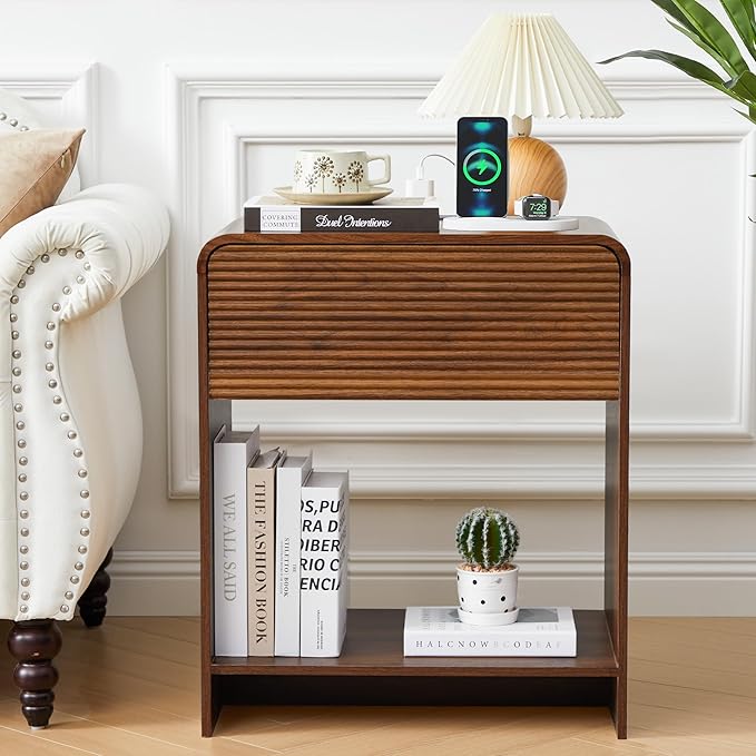 Fluted Nightstand with Charging Station, Mid Century Modern Bed Side Table End Table with Drawer Storage, Large Wooden Night Stands Bedside for Bedroom Living Room Sofa Office, Walnut-Ruum Studio Home