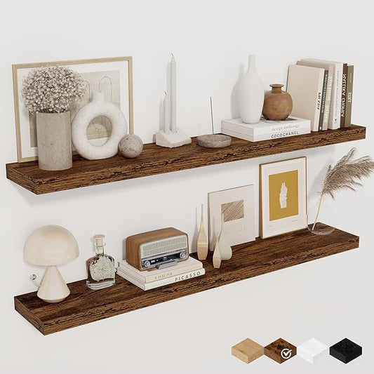 Floating Shelves for Wall, 40 Inch Floating Shelves for Home Decor, Wall Mounted Rustic Wood Shelves, Bathroom, Hanging Deep Shelf for Bedroom, Living Room, Kitchen (Rustic Brown, Set of 2)-Ruum Studio Home