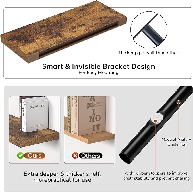 Floating Shelves - 2 Pack 9 Inch Rustic Wooden Wall Shelves - Extra Deeper & Thicker Wall Mounted Storage Shelf for Living Room, Kitchen, Farmhouse - 24" W x 9" D x 1.6" H - Rustic Brown-Ruum Studio Home