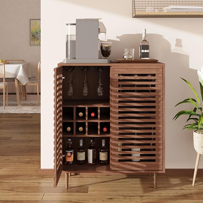 Mid Century Bar Cabinet with Wine Racks, Modern Liquor Cabinet with Slatted Doors for Dining Room, Living Room (Walnut Color)-Ruum Studio Home