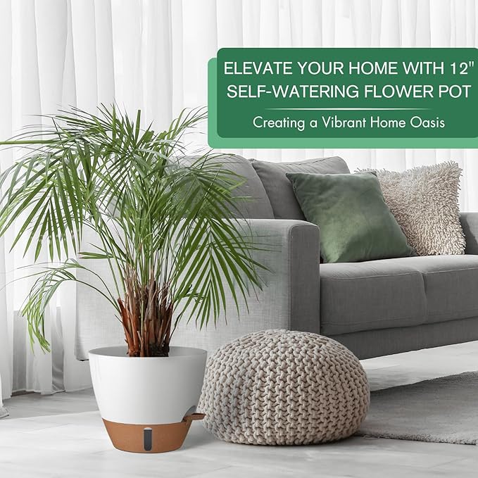 montresor 12/10/8 Inch Self Watering Pots for Indoor Plants Plastic Large Pot for Outdoor Plants, Water Level Window & Spacious Reservoir Flower Pots Decorative Planter with Drainage and Tray (White)-Ruum Studio Home