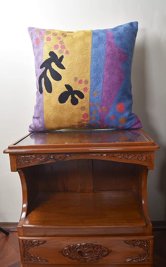 Matisse Gold Pillow Cover Purple Modern Pillowscase Chair Cushion Abstract Farmhouse Flower Outdoor Mid Century Hand Embroidered Wool Size 18x18-Ruum Studio Home