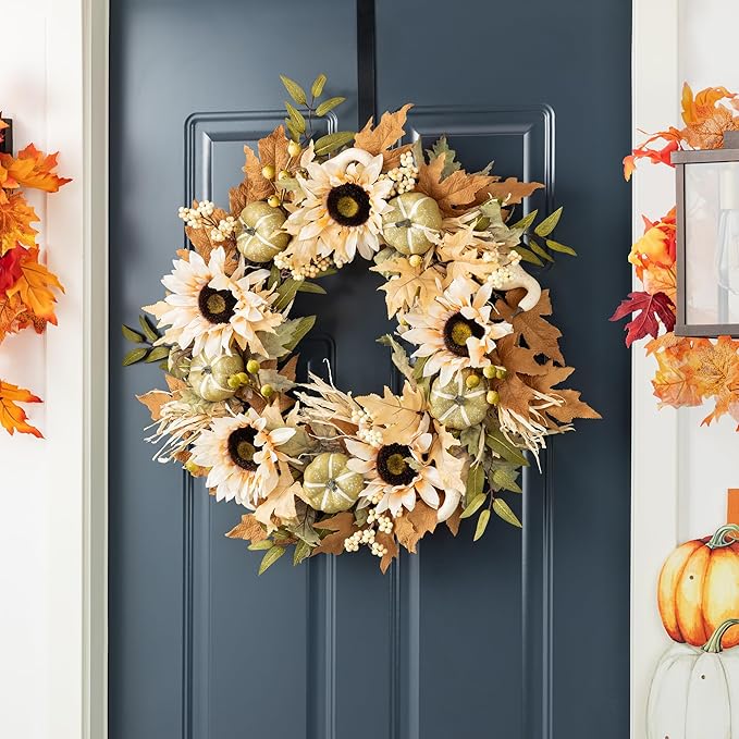 Glitzhome 24''D Artificial Fall Wreath for Front Door, Autumn Wreath with Sunflower, Pumpkin and Leaf, Metal Hanger for Farmhouse Indoor Outdoor Window Wall Door Decor-Ruum Studio Home