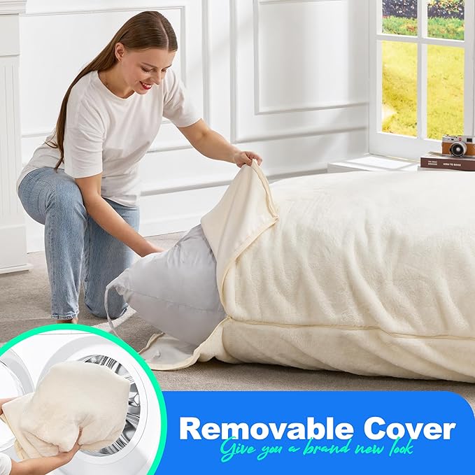 Hobestluk 3 in 1 Bean Bag Chair Giant Bean Bag Chairs for Adults with Plush Faux Fur Cover Convertible Bean Bag Floor Cushion with Machine Washable Cover for Living Room (Plush White)-Ruum Studio Home