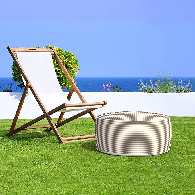 LVTXIII Inflatable Stool Ottoman Footrest with Handle, All Weather Foot Rest, Indoor or Outdoor Use for Home Patio Garden and Camping, D21 x H9, Stripe Beige-Ruum Studio Home