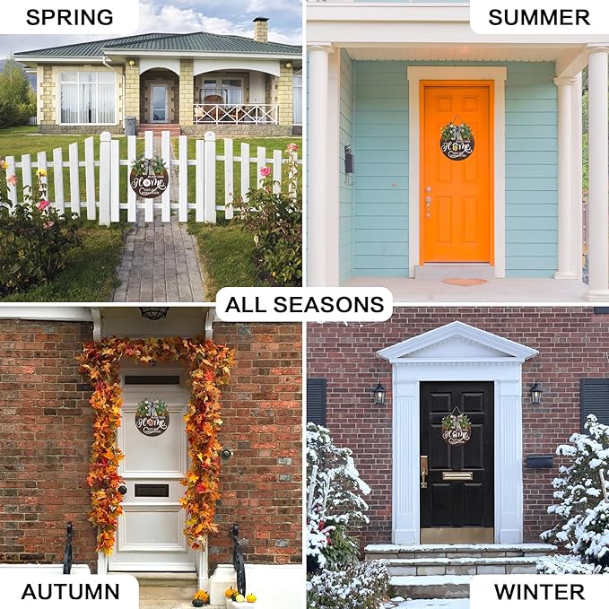 Interchangeable Seasonal Welcome Sign for Front Door, Rustic Round Wood Wreath Wall Hanging Decorations, for Spring Summer Fall Winter All Holiday Halloween Christmas Farmhouse Outdoor Home Decor-Ruum Studio Home