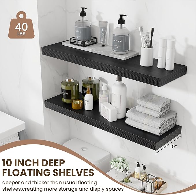 Fun Memories Floating Shelves for Wall 36 Inches, Wood Shelves with Invisible Bracket, 10" Deep Shelves Wall Mounted, Large Wood Floating Shelves for Living Room Bathroom, Black, Set of 2-Ruum Studio Home