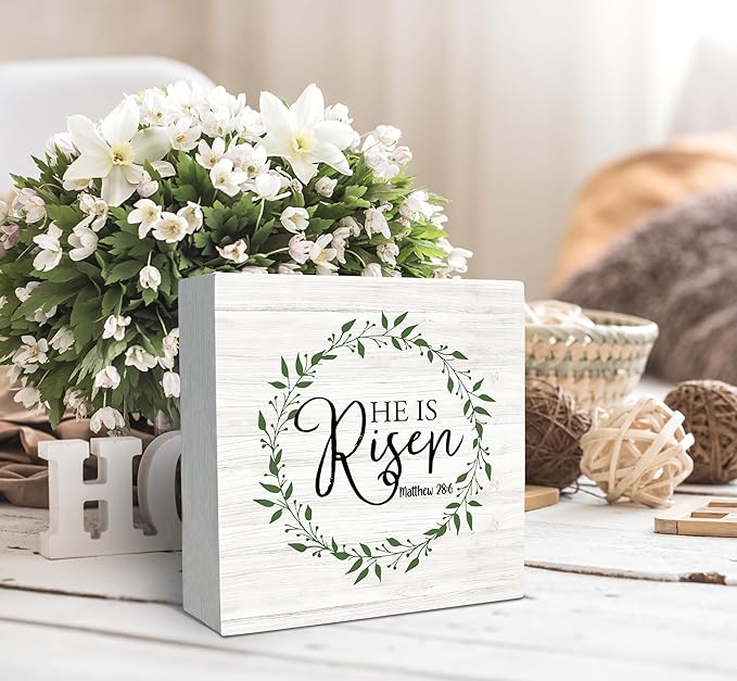 SRADMO He Is Resen Wood Box Sign Desk Decor, Christian Decor Wooden Sign Decoration For Home Office, Wooden Sign Decorations Indoor, Christian Signs For Home Decor Shelf Table Decor-Ruum Studio Home