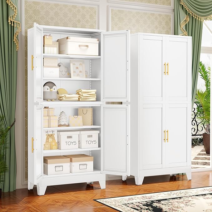 75.2" Tall Metal Pantry Cabinet, Kitchen Pantry Storage Cabinets with 4 Door and 4 Adjustable Shelves, White Storage Cabinet, Freestanding Cupboard for Kitchen Dining Room Living Room Bathroom-Ruum Studio Home