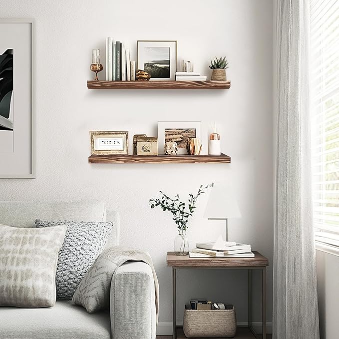 Floating Wall Shelves 2-Pack - Rustic Brown 16-inch Wooden Wall Shelves for Storage and Décor, Multi-Functional and Easy to Install for Living Room, Bedroom, and Kitchen-Ruum Studio Home