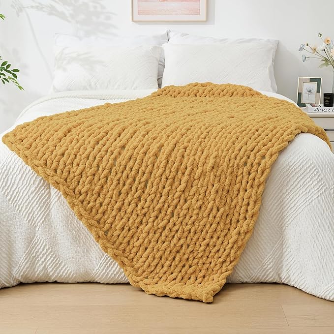 Bigacogo Chunky Knit Throw Blanket for Couch, 40x60 inches, 100% Hand Knitted with Thick Jumbo Chenille Yarn, Cozy Soft Large Rope Knot Cable Crochet Blankets for Sofa Bed Living Room, Mustard Yellow-Ruum Studio Home
