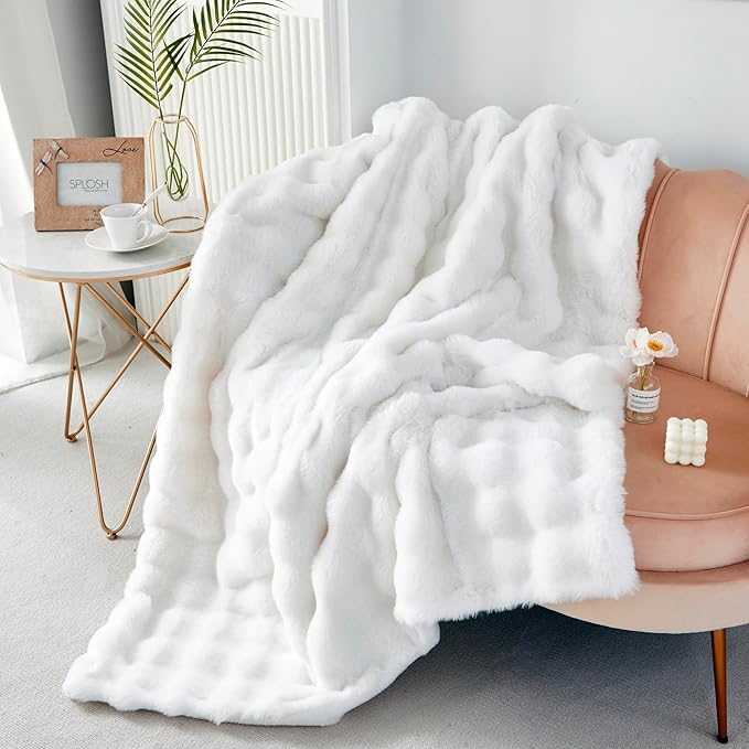 RYNGHIPY Faux Fur Throw Blanket Double Sided Thick and Warm Plush Fluffy Faux Rabbit Fur Decoration for Couch Sofa Chair and Bed Cream Winter Blanket (Ivory, 51''x63'')-Ruum Studio Home
