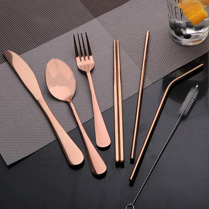 Travel Utensils Set with Case Reusable Portable Cutlery Set Stainless Steel 8pcs Including Dinner Knife Fork Spoon Chopsticks straws(Rose Gold)-Ruum Studio Home