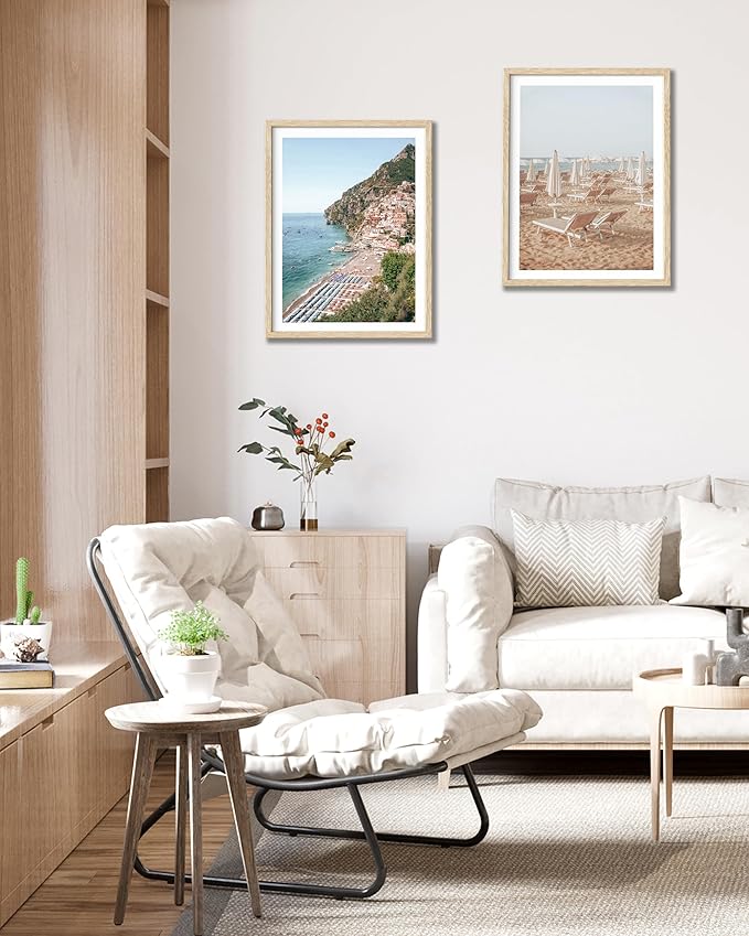 HesenDot Natural OAK Wood Framed Italian Positano Beach Wall Art,12x16in Amalfi Coast Canvas Wall Print,Summer Coastal Landscape Poster Wall Decor for Living Room,Bedroom,Office Gallery Set of 1-Ruum Studio Home