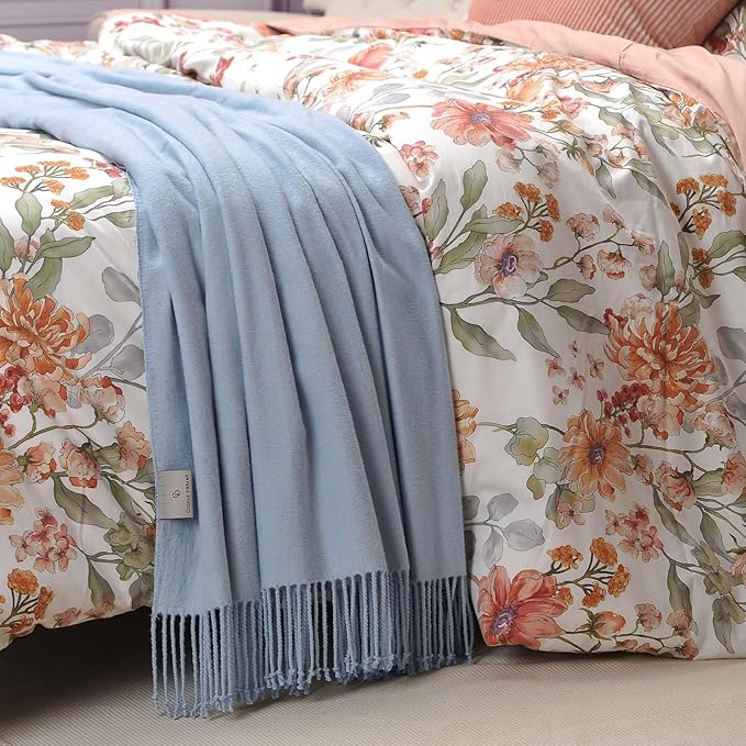 CUDDLE DREAMS Silk Throw Blanket with Hand-Knotted Fringe, Natural, Soft & Breathable (Ice Blue)-Ruum Studio Home