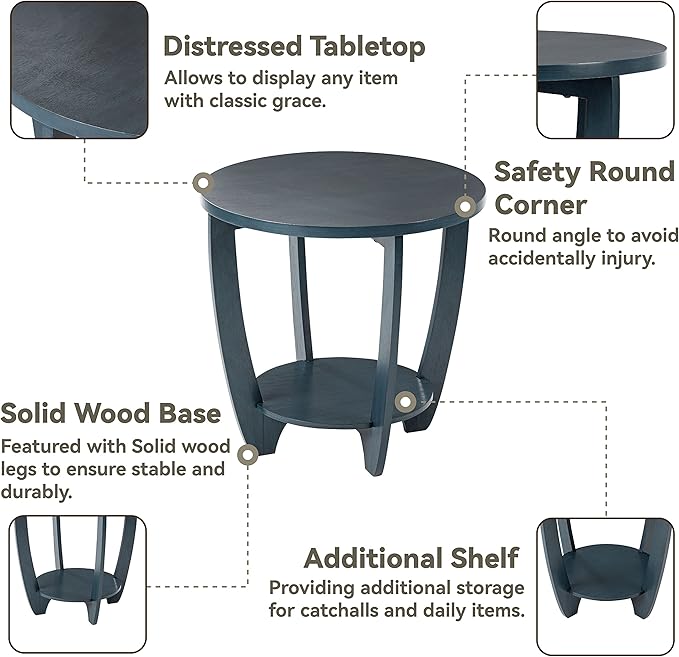 Rustic Farmhouse End Table with Storage Shelf, French Country Accent Side for Family, Dinning or Living Room, Small Spaces, Modern, Round, Vintage Blue Finish, Curved Leg-Ruum Studio Home