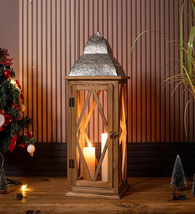 Large Farmhouse Wooden Metal Lantern Set of 2, Rustic Decorative Floor Candle Lanterns, Indoor/Outdoor Hanging Lanterns for Home Decor (No Glass)-Ruum Studio Home