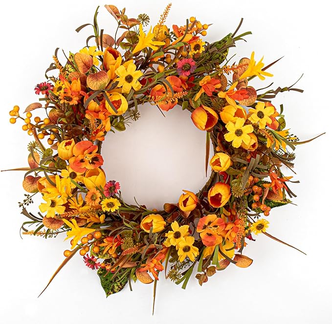 18 Inches Fall Wreaths for Front Door Rustic Autumn Wreath Farmhouse Fall Floral Wreaths with Tulips Phalaenopsis Orange Wildflowers for Wall Window Porch Indoor Outside Decor-Ruum Studio Home