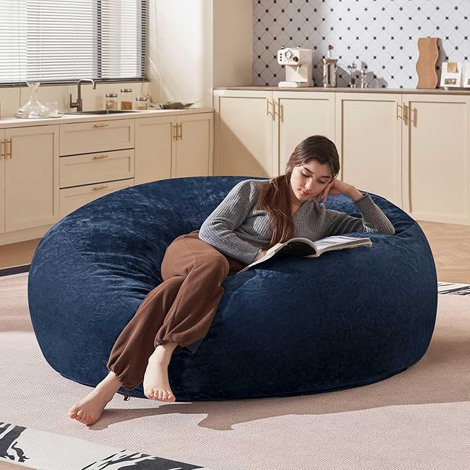 Bean Bag Chair 6Ft, Memory Foam Filled, Large Beanbag Chairs for Adults and Teens, Soft Sofa with Removable Flannel Cover, Round Couch for Living Room Bedroom College Dorm (Blue, 6FT-67×67"×24")-Ruum Studio Home