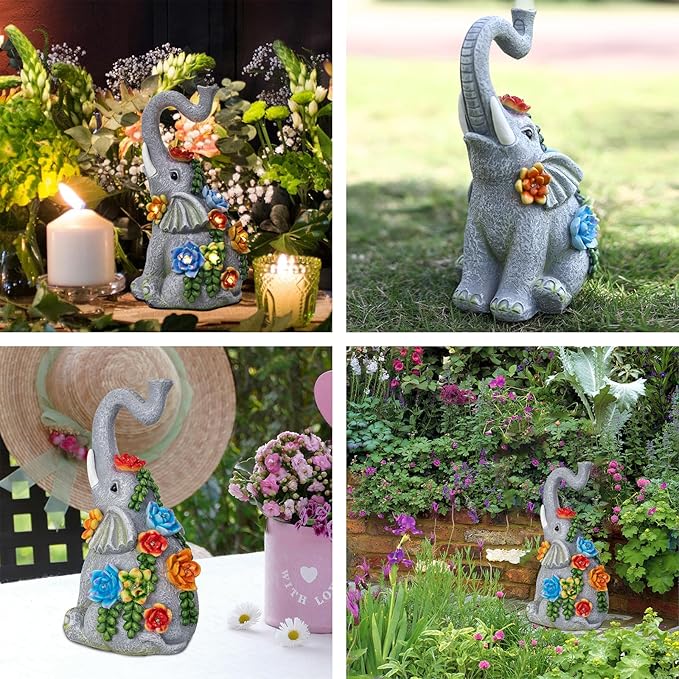 Elephant Garden Statue Solar Lamp with 8 Led Lights Decor Outdoor Resin Waterproof Sculpture Patio Lawn Yard Porch Decorations Housewarming Gifts for Women Mom Grandma-Ruum Studio Home