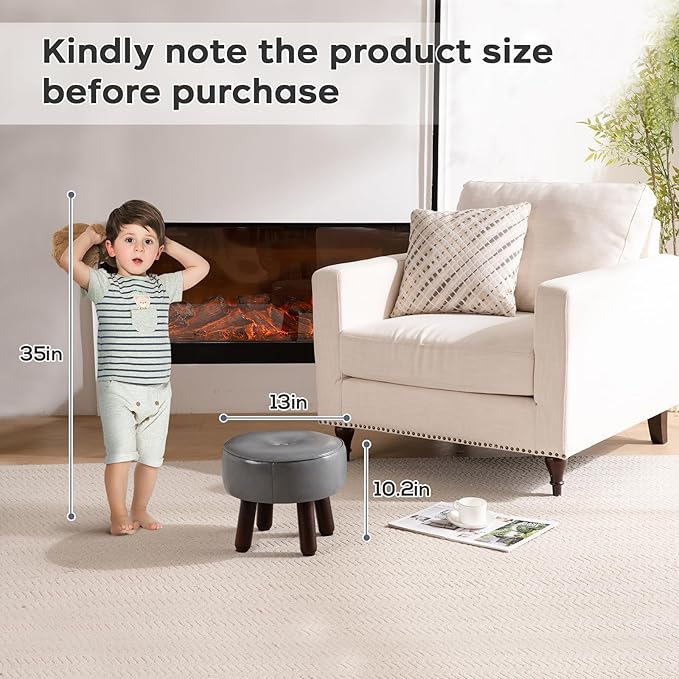 Ottoman, Small Foot Stool, Round Leather Pouf Ottoman, 13''L x 13''W x 10.2''H Foot Rest with Non-Skid Rubber Legs for Living Room Bedroom Couch Entryway, Grey-Ruum Studio Home