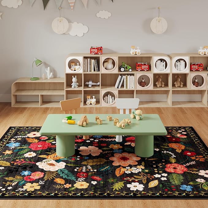 Living Room Rug 6x9 Rug Machine Washable Boho Area Rug Non Slip Floral Vintage Low Pile Large Rug for Living Room, Bedroom, Farmhouse, Dining Room, Kids Playroom(Black)-Ruum Studio Home