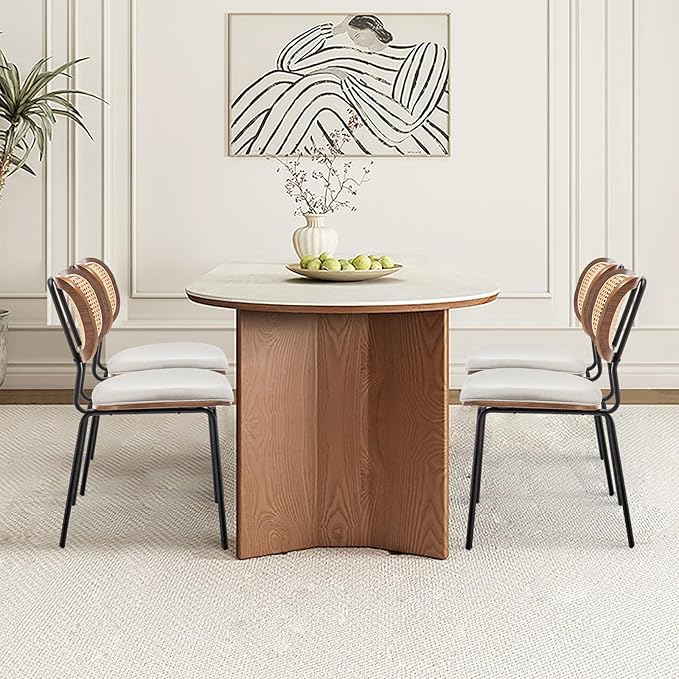 Rattan Dining Chairs Set of 2, Mid Century Modern Dining Chairs with Cane Back for Kitchen Dining Room, 19 Inch Fabric Beige-Ruum Studio Home