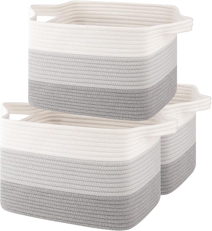 Storage Baskets for Organizing, Woven Baskets for Shelves, Rectangle Decorative Organizer for Storage Clothes, Toy, Books, Towels Nursery Bins 3 Pack (Gradient Grey)-Ruum Studio Home