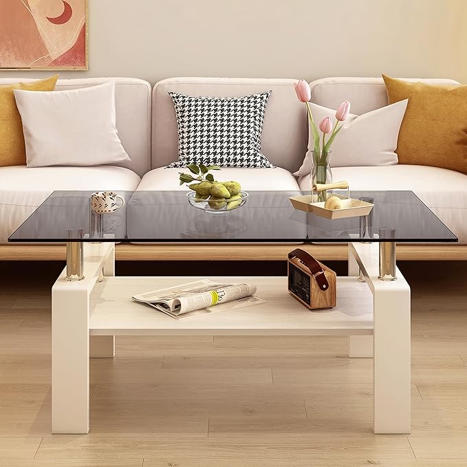 Glass Coffee Table Rectangle Living Room Center Table, with Gray Tempered Glass Tabletop and White MDF Layer,for Living Room and Office, Gray+White-Ruum Studio Home