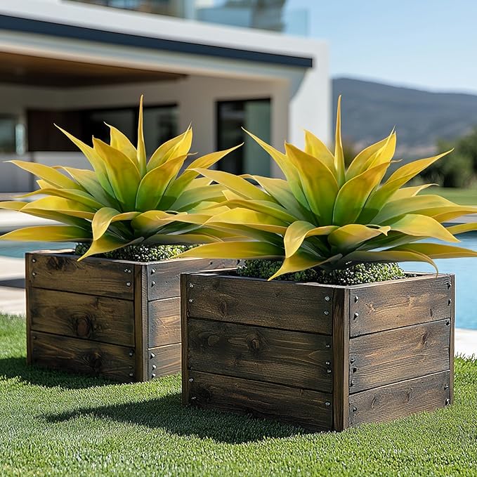 Artificial Plants Outdoor Faux Plant,Artificial Agave Faux Hostas Outdoor Uv Resistant Artificial Plants Indoor Fake Plant Artificial Agave Plant Indoor(2pcs, 28") Yellow-Ruum Studio Home