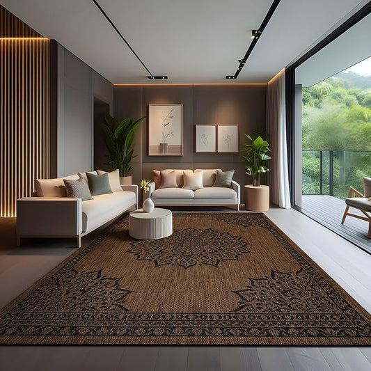 CAMILSON Outdoor Rug, 9x12 Medallion Nut Brown Black Modern Area Rugs for Large Indoor and Outdoor Patios, Kitchen and Hallway Mats, Washable Porch Deck Outside Carpet (Nut Brown Black, 9 x 12)-Ruum Studio Home