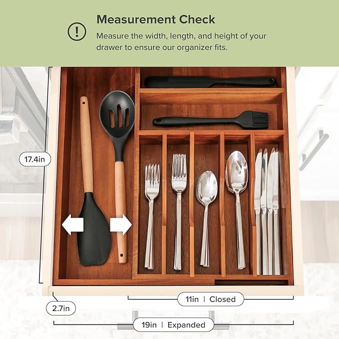 Premium Silverware, Flatware and Utensil Organizer for Kitchen Drawers, Food-Safe Contract Grade, Expandable from 10.5 to 19 In, Natural Acacia-Ruum Studio Home